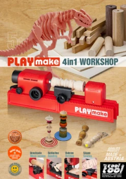 PLAYmake 4 In 1 Houtbewerkingsmachine Houtdraaibank -Speelgoedwinkel Playmake Flyer speelactief