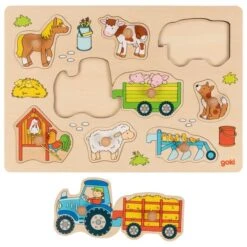 Goki Houten Noppenpuzzel Boerderij+Traktor -Speelgoedwinkel goki 57468 noppenpuzzel traktor met aanhangwagens